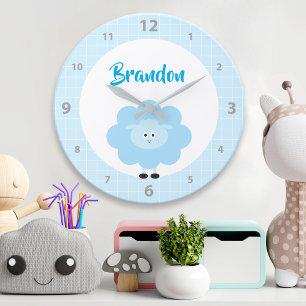 Blue Lamb Boy Kid Kinderzimmer Script Niedlich Kaw Große Wanduhr