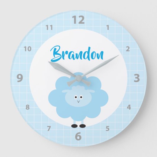 Blue Lamb Boy Kid Kinderzimmer Script Niedlich Kaw Große Wanduhr (Vorderseite)