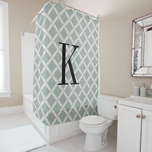 Blue Lattice Large Monogram | Bauernhof Badezimmer Duschvorhang (Beispiel)