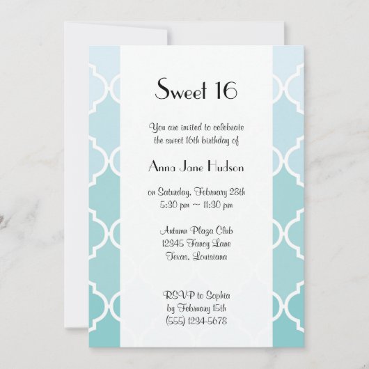 Blue Latticework, Ombre, Quatrefolie, Sweet 16 Einladung (Vorderseite)