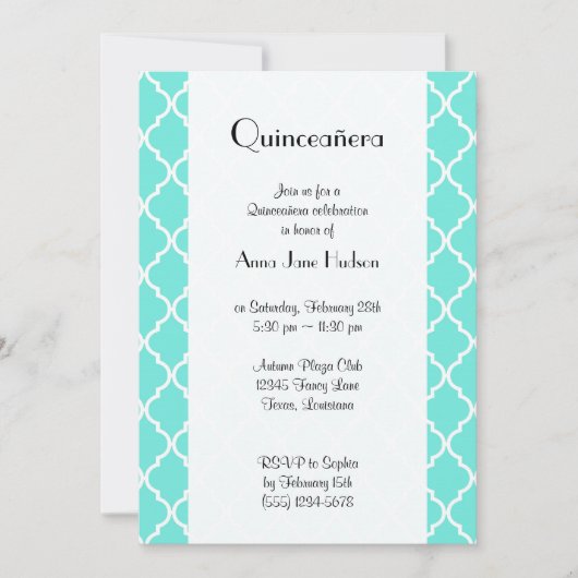 Blue Latticework, Quatrefoil, Trellis, Quinceanera Einladung (Vorderseite)