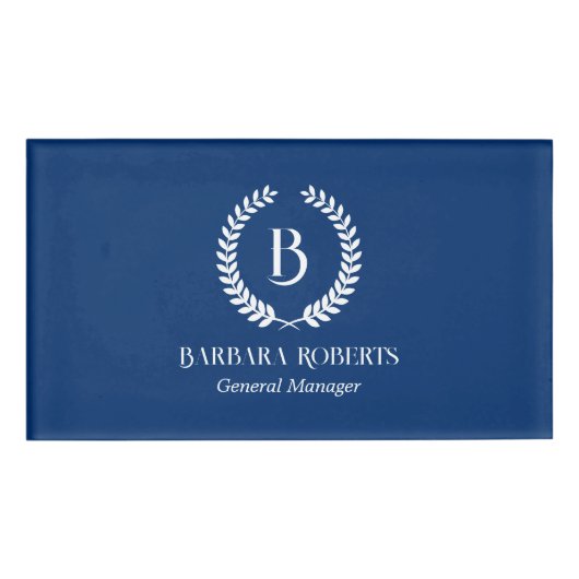 Blue Laurel Wreath Custom Monogram Namenschild (Vorderseite)