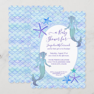 Blue Lavender Mermaid Watercolor Baby Dusche Einladung