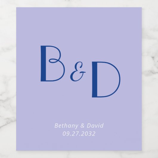 Blue Lavender Modern Monogram Wedding Weinetikett (Einzelnes Label)