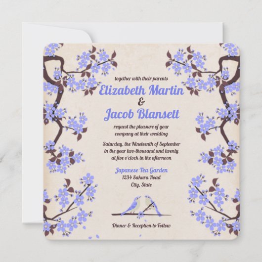 Blue Lavender Sakura und Liebesvögel Hochzeit Einladung (Vorderseite)