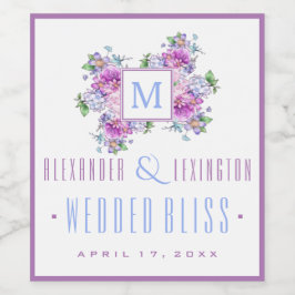 Blue Lavender Watercolor Blume Monogram Wedding Weinetikett