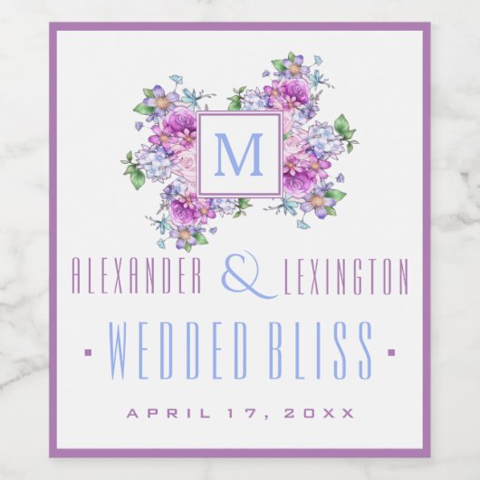 Blue Lavender Watercolor Blume Monogram Wedding Weinetikett (Einzelnes Label)