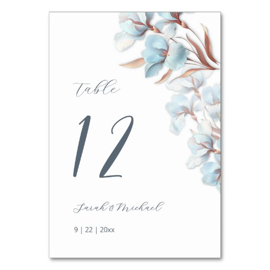 Blue Layered Flowers Wedding Tischnummer (Vorderseite)