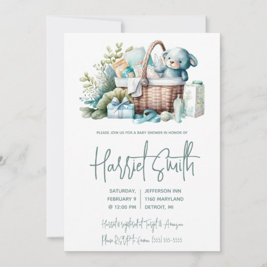 Blue Layette, Geschenkkörbe, Baby Boy Dusche Einladung (Vorderseite)