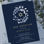 Blue Leaf Bat Mitsvah Foil Invitation Folieneinladung<br><div class="desc">Beautiful Bar Mitzvah invitations featuring a soft blue leaf wreath and Star of David set on a dark navy blue background.  Flip our invitation over to view a coordinating back for an extra special touch.  Visit our shop to view our Bar Mitzvah collection.</div>