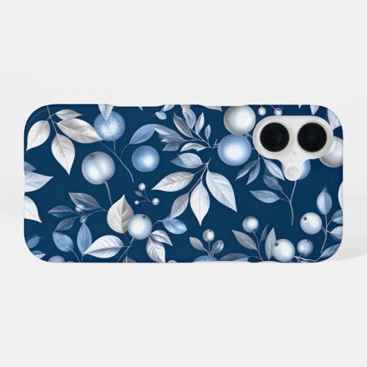 Blue Leaf Berry Pattern iPhone 16 Hülle (Rückseite (Horizontal))
