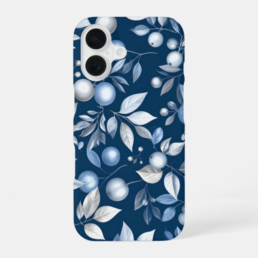 Blue Leaf Berry Pattern iPhone 16 Hülle (Rückseite)
