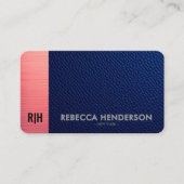 Blue Leather & Blush Rose Gold Business Card Visitenkarte (Vorderseite)