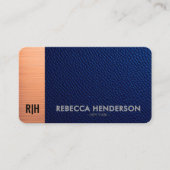 Blue Leather & Copper Luxe Business Card Visitenkarte (Vorderseite)