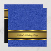 Blue Leather Look Gold Geburtstag Mens Man Einladung (Vorne/Hinten)