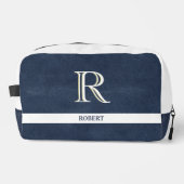 Blue Leather Textur White Monogram Name Dopp Kit Waschbeutel (Vorderseite)