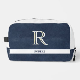 Blue Leather Textur White Monogram Name Dopp Kit Waschbeutel
