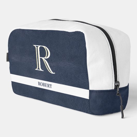 Blue Leather Textur White Monogram Name Dopp Kit Waschbeutel (Rechte Ecke)