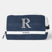 Blue Leather Textur White Monogram Name Dopp Kit Waschbeutel (Rückseite)