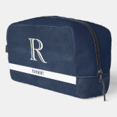 Blue Leather Textur White Monogram Name Dopp Kit Waschbeutel (Rechte Ecke)