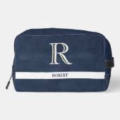 Blue Leather Textur White Monogram Name Dopp Kit Waschbeutel (Rückseite)