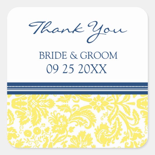 Blue Lemon Damask Vielen Dank für Ihre Hochzeit de Quadratischer Aufkleber (Vorderseite)