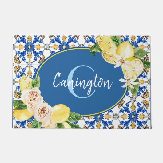 Blue Lemon Mediterranean Monogram Name New Zuhause Fußmatte (Vorderseite)