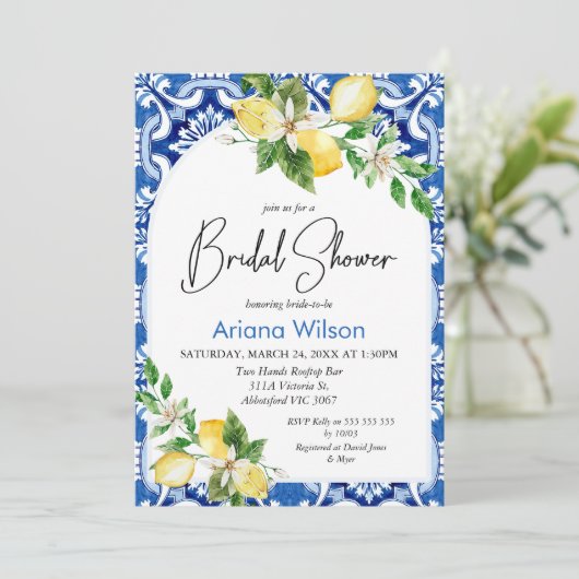 Blue Lemon Tile Bridal Dusche Einladung (Stehend Vorderseite)