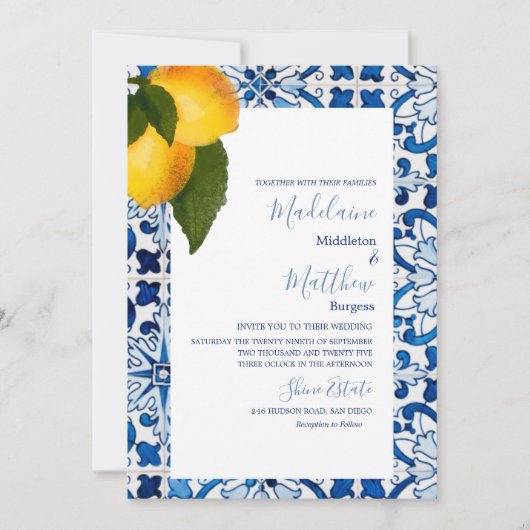 Blue Lemon Tile Chic Stilvolle Hochzeit Einladung (Vorderseite)