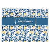 Blue Lemon Watercolor Monogram Name Large Große Geschenktüte (Rückseite)