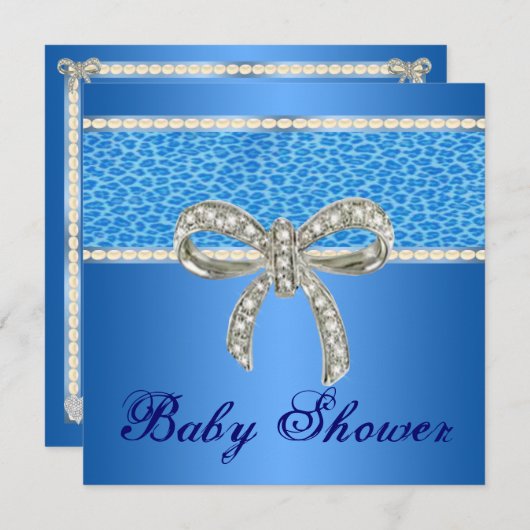Blue Leopard Diamond Bow Kinderdusche Einladung (Vorne/Hinten)