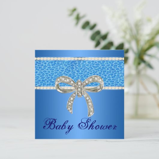Blue Leopard Diamond Bow Kinderdusche Einladung (Stehend Vorderseite)