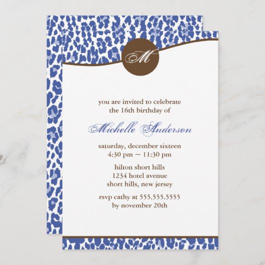 Blue Leopard Print Monogram Birthday Einladung (Vorne/Hinten)