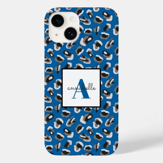 Blue Leopard Print Monogram Case-Mate iPhone Hülle (Rückseite)