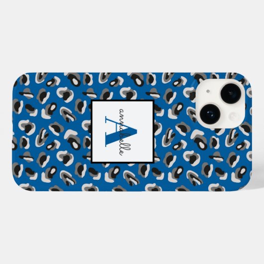 Blue Leopard Print Monogram Case-Mate iPhone Hülle (Rückseite (Horizontal))
