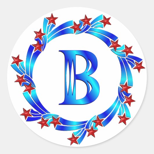 Blue Letter B Monogram Red Stars Runder Aufkleber (Vorderseite)