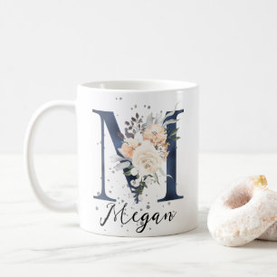 Blue Letter M Peach Creme Floral Monogram Kaffeetasse