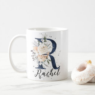 Blue Letter R Peach Cream Floral Monogram Kaffeetasse