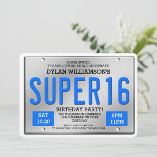 Blue License Plate Super 16 Party Einladungen