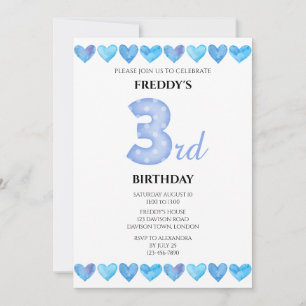 Blue Liebe Hearts 3. Geburtstag Foto Einladung