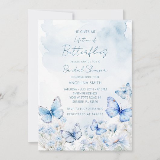 Blue Lifetime of Butterflies Garden Brautparty Einladung (Vorderseite)