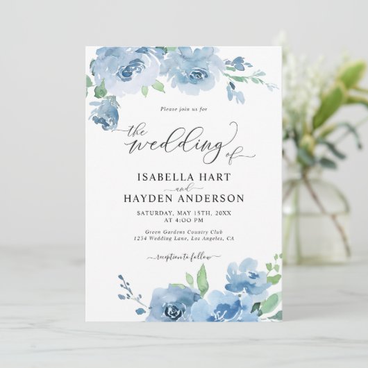 Blue Light Baby Blue All in One QR Code Wedding Einladung (Stehend Vorderseite)