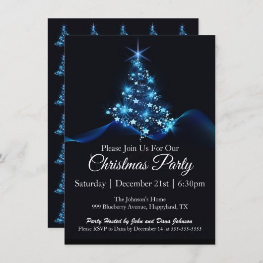 Blue Lights Weihnachtsbaum Weihnachtsfeier Einladung (Vorne/Hinten)
