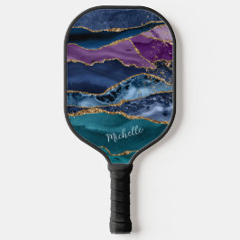 Blue Lila Abstrakt Gold Glitzer Monogram Pickleball Schläger