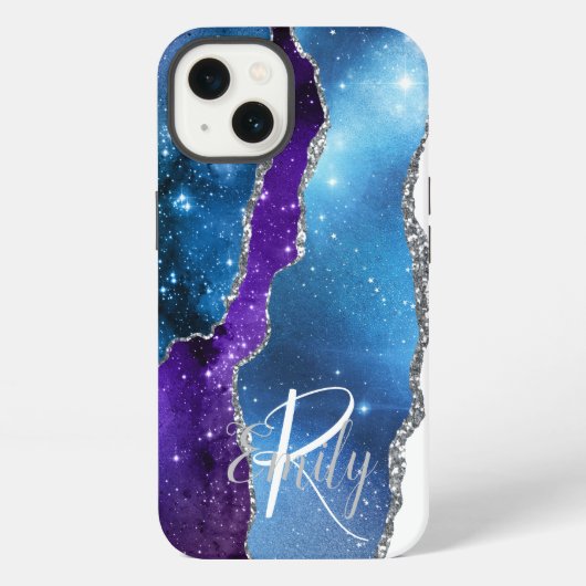 Blue Lila Agate Marble Abstrakt Name Monogram iPhone Hülle (Rückseite)