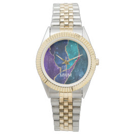 Blue Lila Aqua Gold Veins Agate Monogram Armbanduhr