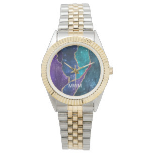 Blue Lila Aqua Gold Veins Agate Monogram Armbanduhr