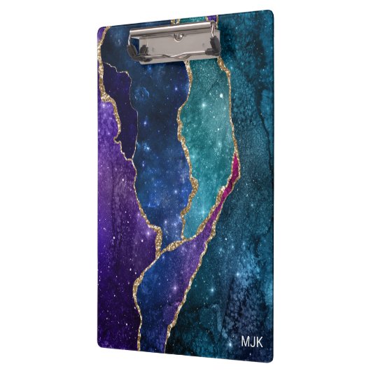 Blue Lila Aqua Gold Veins Agate Monogram Klemmbrett (Links)