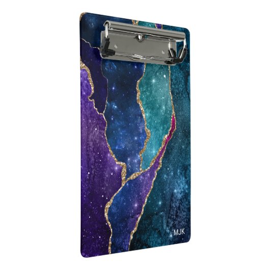 Blue Lila Aqua Gold Veins Agate Monogram Mini Klemmbrett (Schrägansicht)