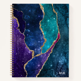 Blue Lila Aqua Gold Veins Agate Monogram Notizblock